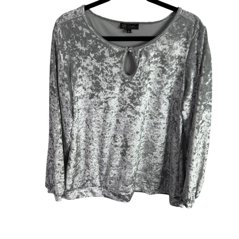 DG2 Diane Gilman Women's Top Size Large Crushed Velvet Velour Gray Long Sleeves
